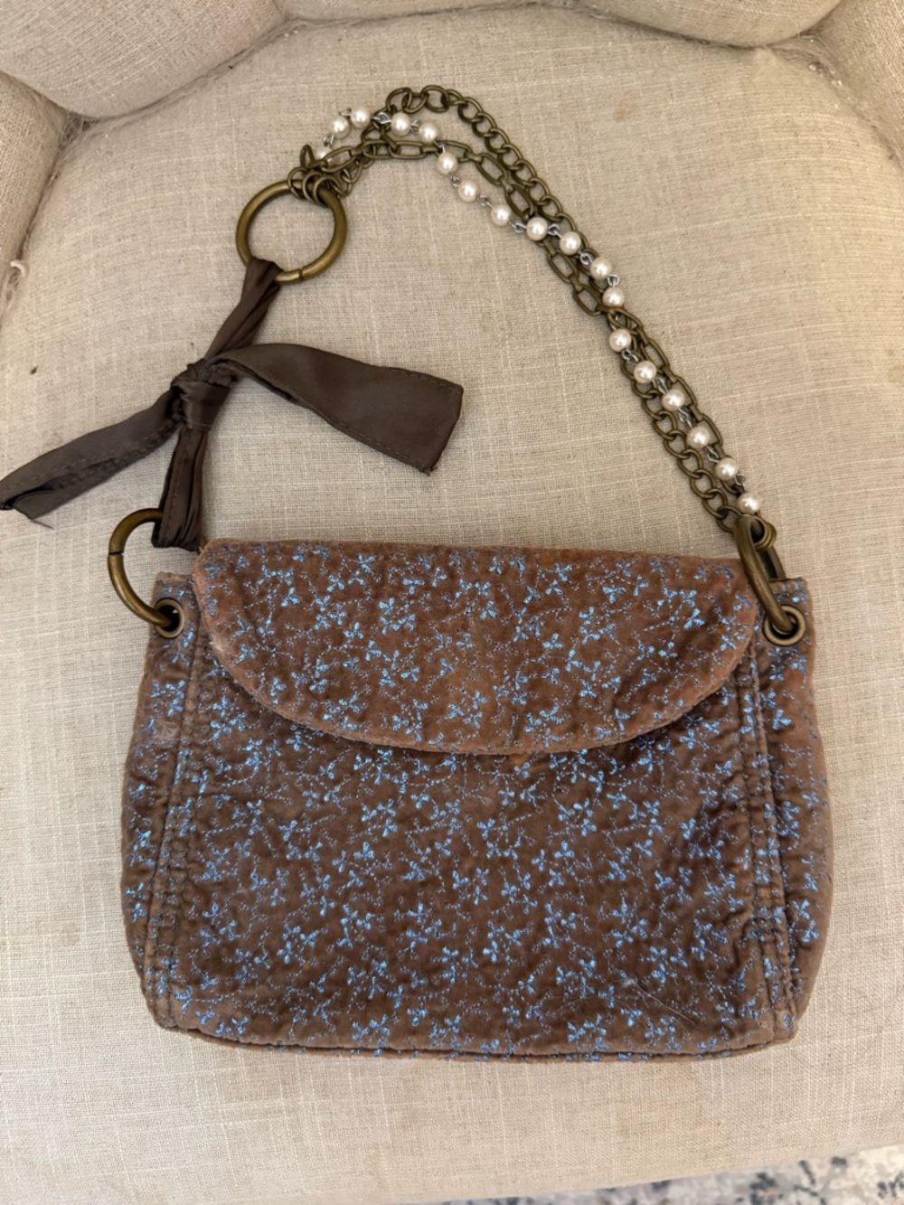GAP Brown Quilted Velvet Mini Bag with Pearl Chain